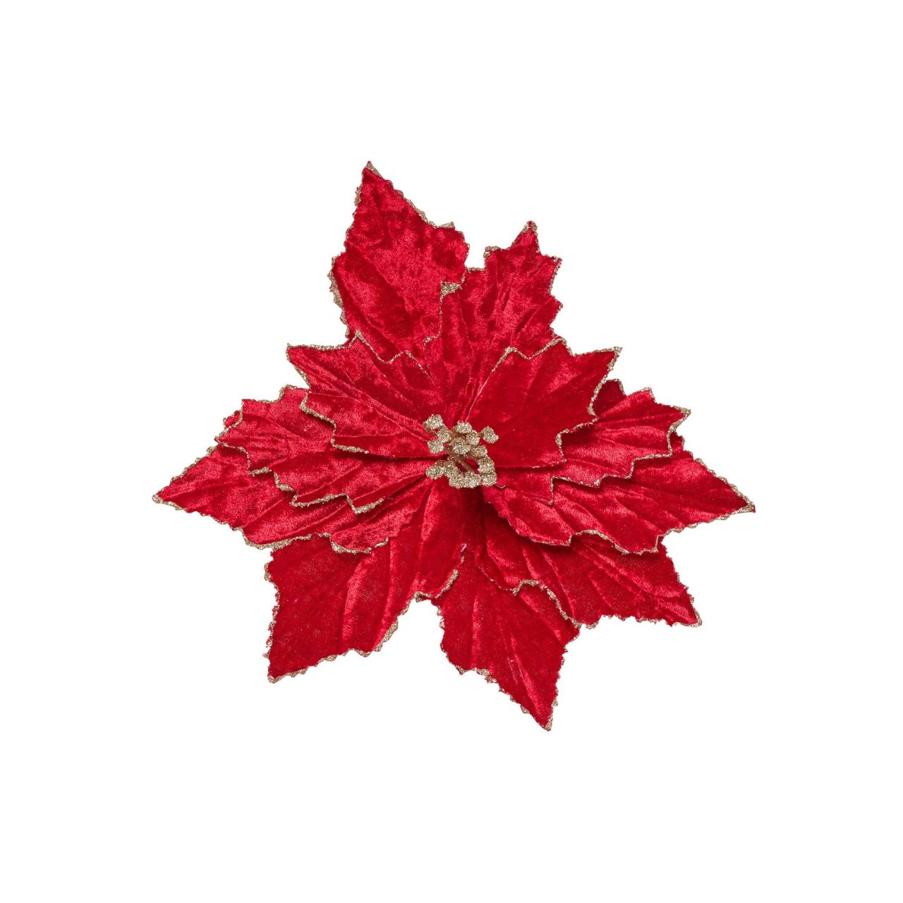 A Red Velvet Poinsettia with Clip, bringing seasonal spirit to any room. Adorned in rich red petals, this vibrant artificial flower is a sight to behold. With golden embellishments at the centre, it makes a stunning statement piece.