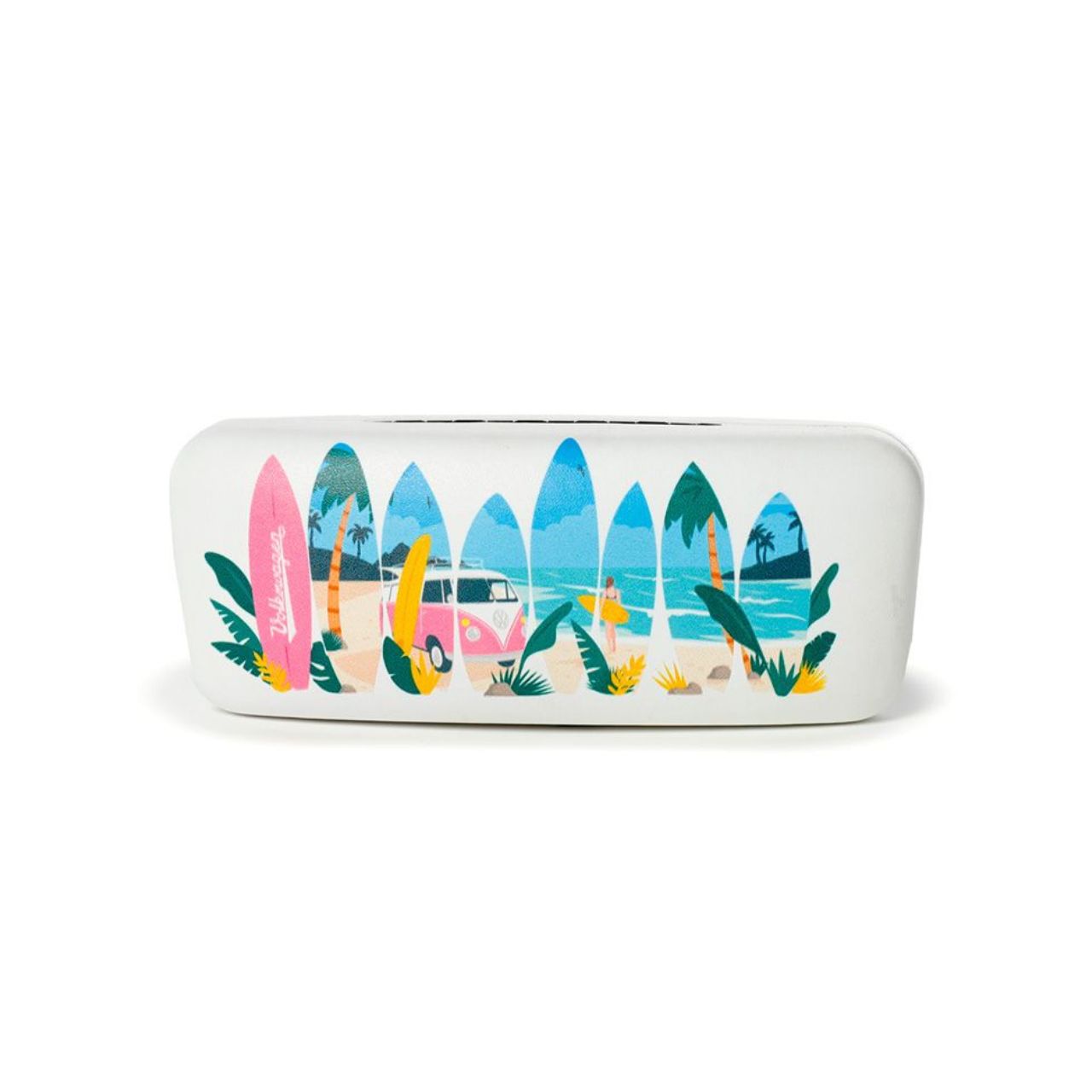 Protect your sunglasses in style with our Volkswagen VW T1 Camper Bus Sunglasses Case. Inspired by the iconic camper bus, this case features a vibrant "Explore Waves" design. Keep your glasses safe and capture the spirit of adventure with this unique case.