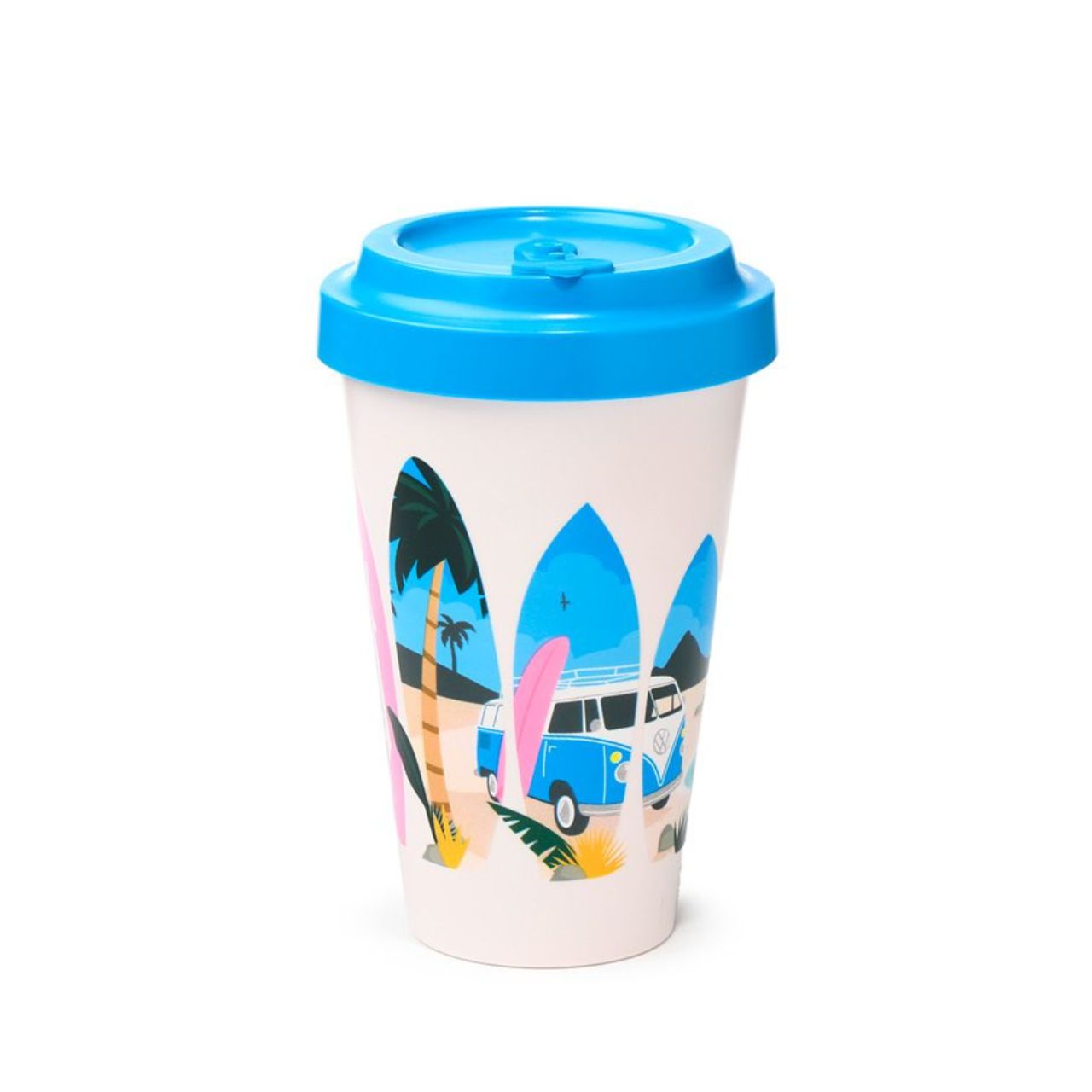 This Volkswagen VW T1 Camper Bus Waves are Calling Travel Mug holds 400ml of your favorite beverage. Its iconic design will transport you to days of carefree travel. Made from durable materials, it is perfect for both adventures and everyday life. Take a sip and hit the road!