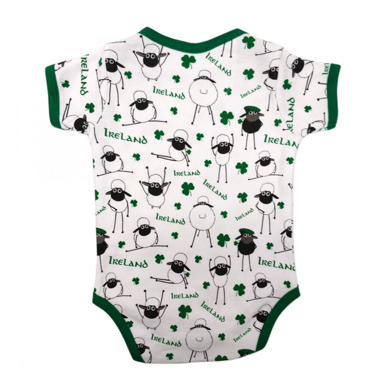 White & Green Overall Printed Sheep Baby Vest  This white and green baby vest is part of the Traditional Craft Official Collection. This white cotton vest has an emerald green trim on the neck, sleeves and bottom. The vest is designed with an over all print of sheep, shamrocks & Ireland logo's from the Flaherty Flock range.