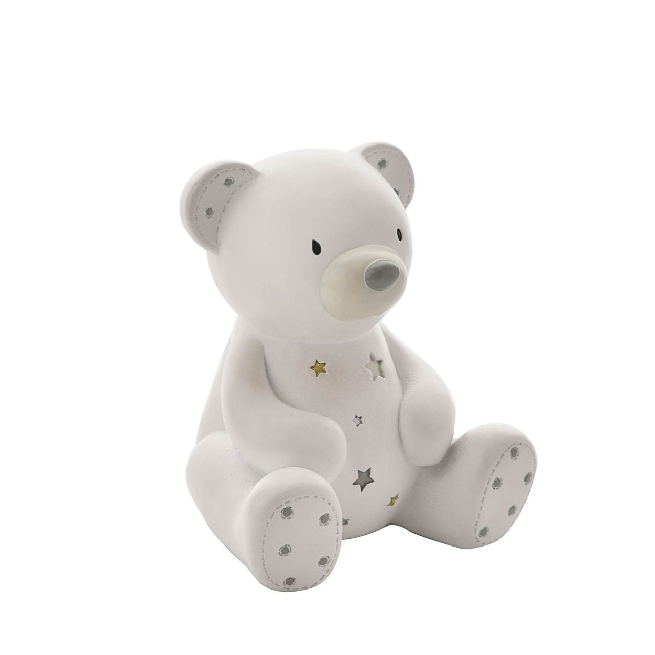 White Resin Money Box - Teddy  A teddy bear shaped resin money box from BAMBINO BY JULIANA.  This wonderful keepsake provides beautiful decoration for the nursery of new family arrivals which will be cherished eternally.