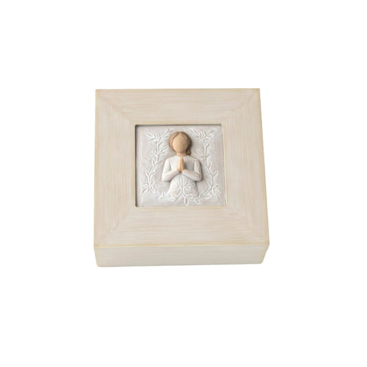 Willow Tree is an intimate line of figurative sculpture that speaks in quiet ways to heal, comfort, protect and inspire. Artist Susan Lordi hand carves each original Willow Tree sculpture. This piece is cast from her original carving, and then painted by hand. The box features a praying woman.