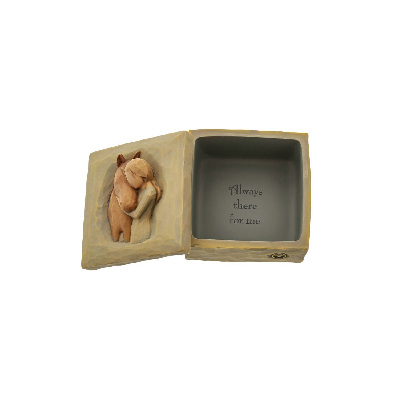 A gift to celebrate friendships, or for those who love horses keepsake boxes are small, sweet places to keep treasures. Just the right size from jewellery. Hand-painted bas-relief lid is attached. Inside the bottom of the box reveals the sentiment "Always there for me"