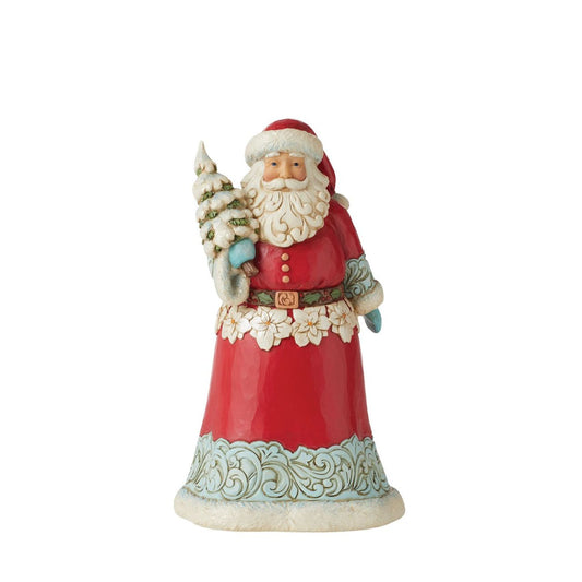 Winter Wonderland Collection; Bright jewel tones, metallic shimmering and pearlized finishes and coloured glitter accents. This striking Santa holding a glittering Tree is the perfect addition to any Winter Wonderland Collection.