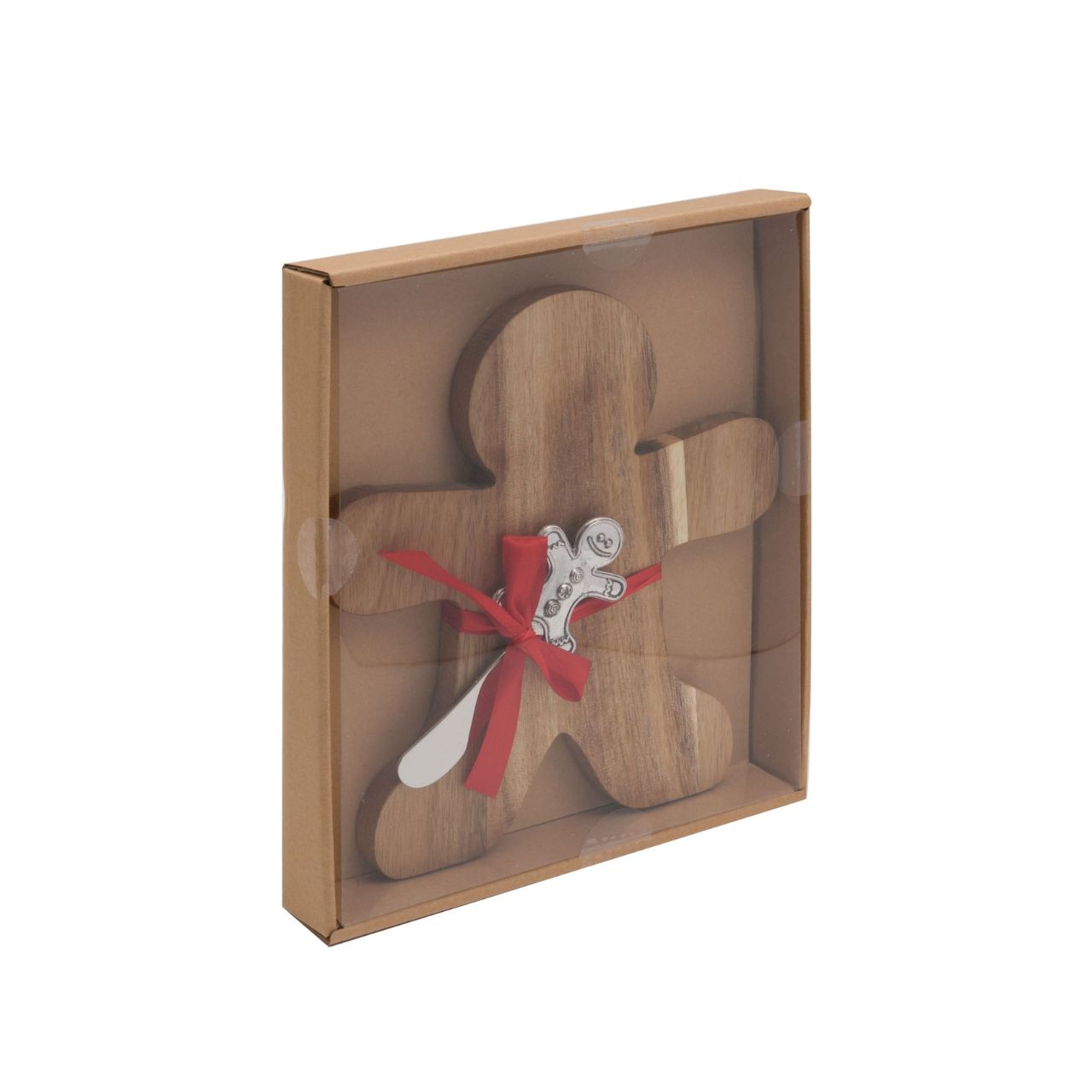 Add a touch of holiday spirit to your dining experience with this Wooden Gingerbread Man Cheeseboard &amp; Knife Red Bow.