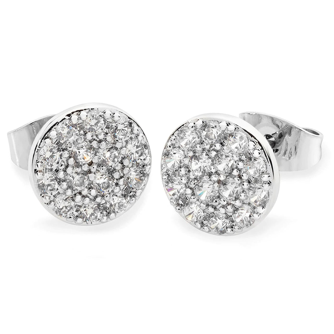 Dainty and dazzling, these earrings are a mini version of our pavé moon pendant. Full of sparkle, these adorable silver earrings are covered in round micro-set clear crystals. They secure with push back closures.