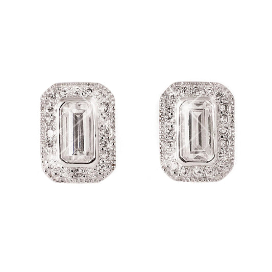 Silver Earrings White Stone Emerald Cut