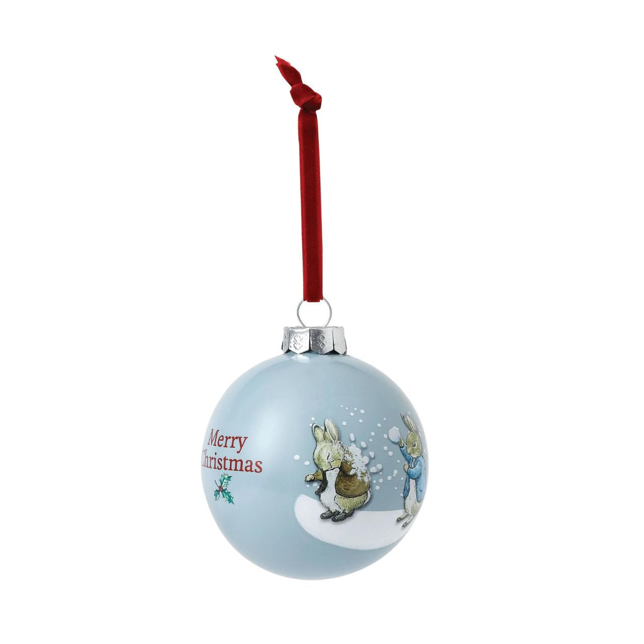 Beatrix Potter Peter & Benjamin's Snowball Fight Christmas Bauble  Wish someone a very Merry Christmas with this Peter and Benjamin's Snowball Fight Bauble. This bauble would make a treasured keepsake over the festive period, and would be take pride of place on the Christmas tree.