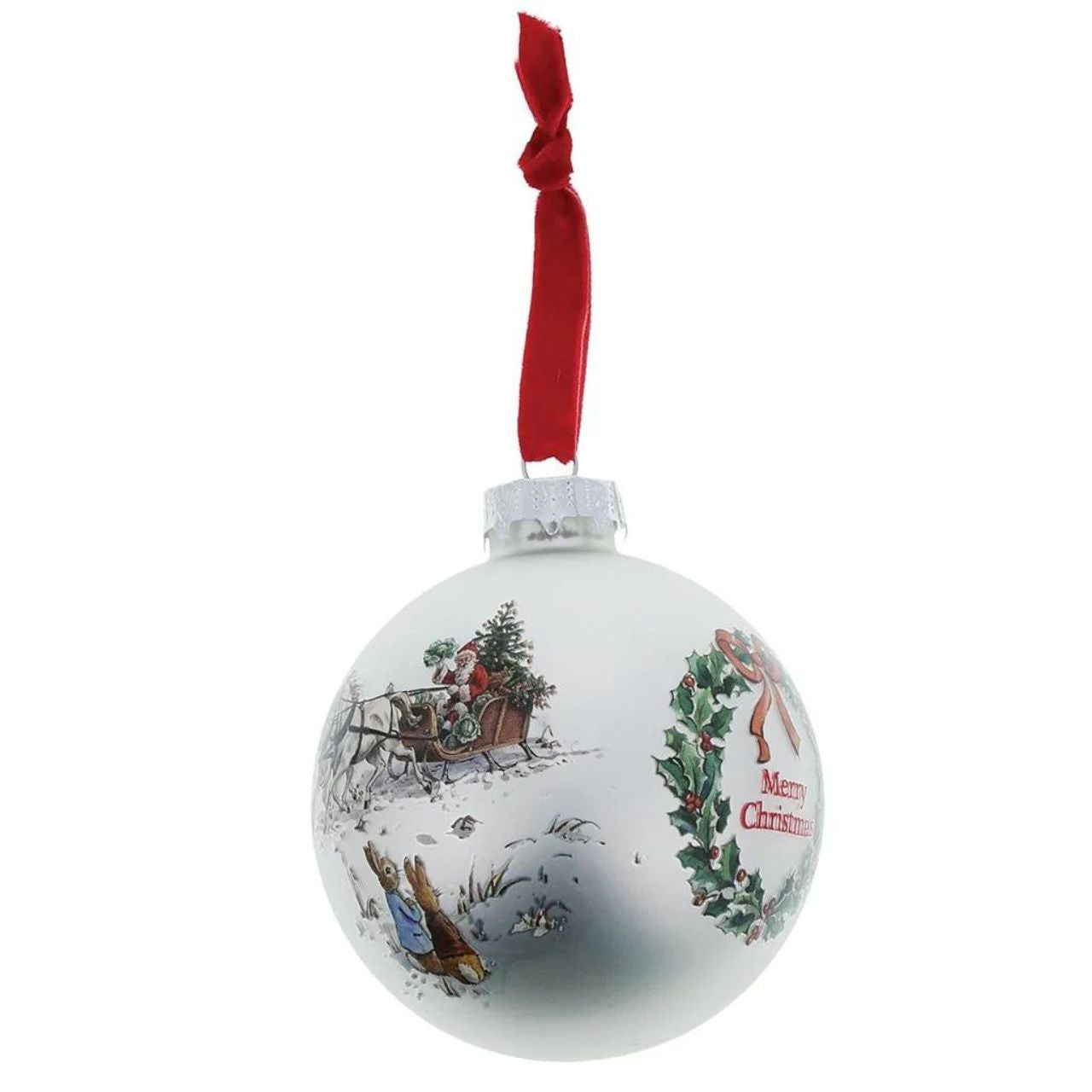 Beatrix Potter Peter Rabbit and Flopsy Holding Holly Wreath Bauble  Add a touch of Beatrix Potter to your Christmas tree, with this winter collection inspired bauble. This Peter Rabbit and Flopsy Holding Holy Wreath bauble would make a heart-warming Christmas gift. 