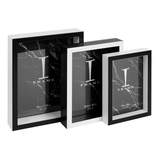 Set of 3 Black and White Stackable Frames  A set of three stackable balck and white frames perfect for a monochrome themed home.  The set features 6" x 8", 5" x 7" and 4" x 6" aperture frames for your favourite photograph in contrasting black and white design