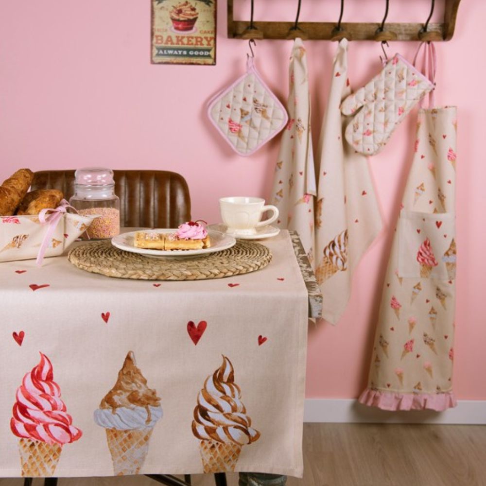 Clayre & Eef Romantic Style Bread Basket Beige Ice Cream Cones and Hearts  Beige and pink bread basket with a motif of ice cream cones and hearts.  Sweeter than sweet! A cheerful and cute series with a pattern of ice creams and red hearts. The perfect ingredients that make this collection so cute. The pink accents and the off-white background are the perfect base for the beautiful illustrations.