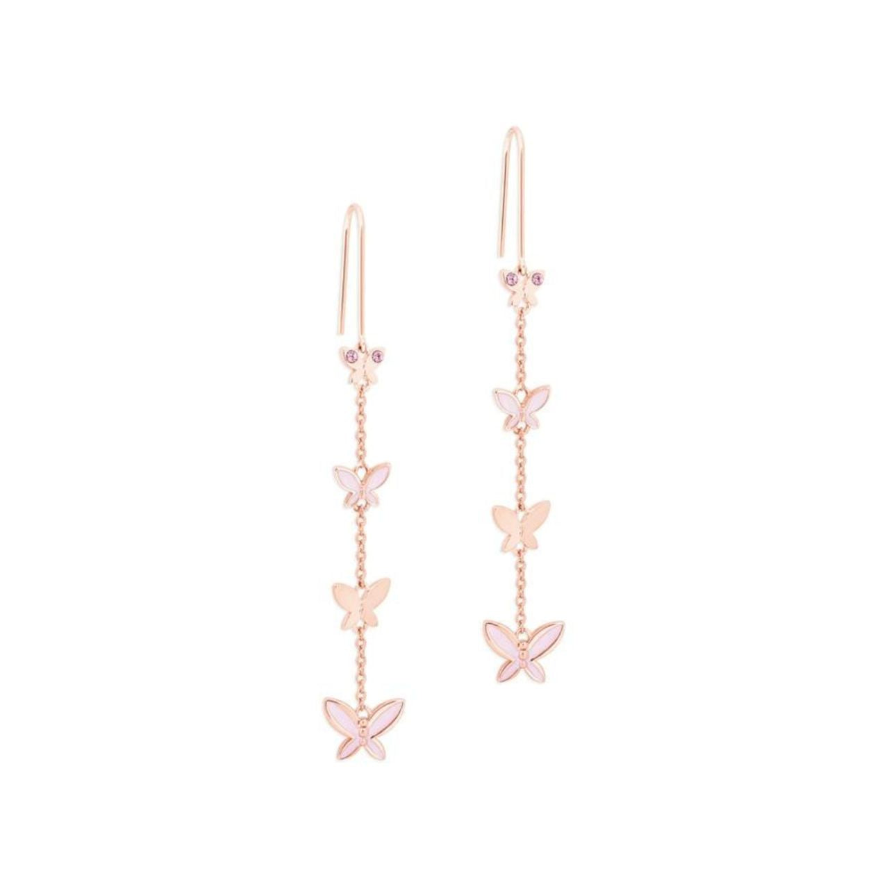 Tipperary Crystal Butterfly Chain Drop Earrings  Four butterflies hanging on the cable chain. Crafted in sleek polished rose gold with pearlescent pink enamel infill and light pink sparkly CZs. They hang comfortably on a French hook.