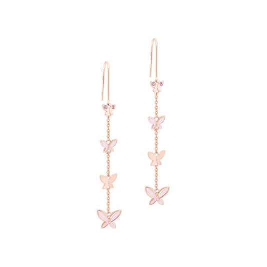 Tipperary Crystal Butterfly Chain Drop Earrings  Four butterflies hanging on the cable chain. Crafted in sleek polished rose gold with pearlescent pink enamel infill and light pink sparkly CZs. They hang comfortably on a French hook.