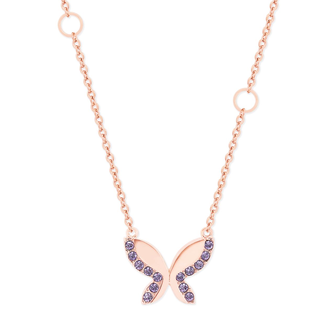 Tipperary Crystal Purple Butterfly Rose Gold Necklace  This pretty butterfly necklace can be worn alone or with matching earrings. Sparkling amethyst czs are set delicately on the wings.