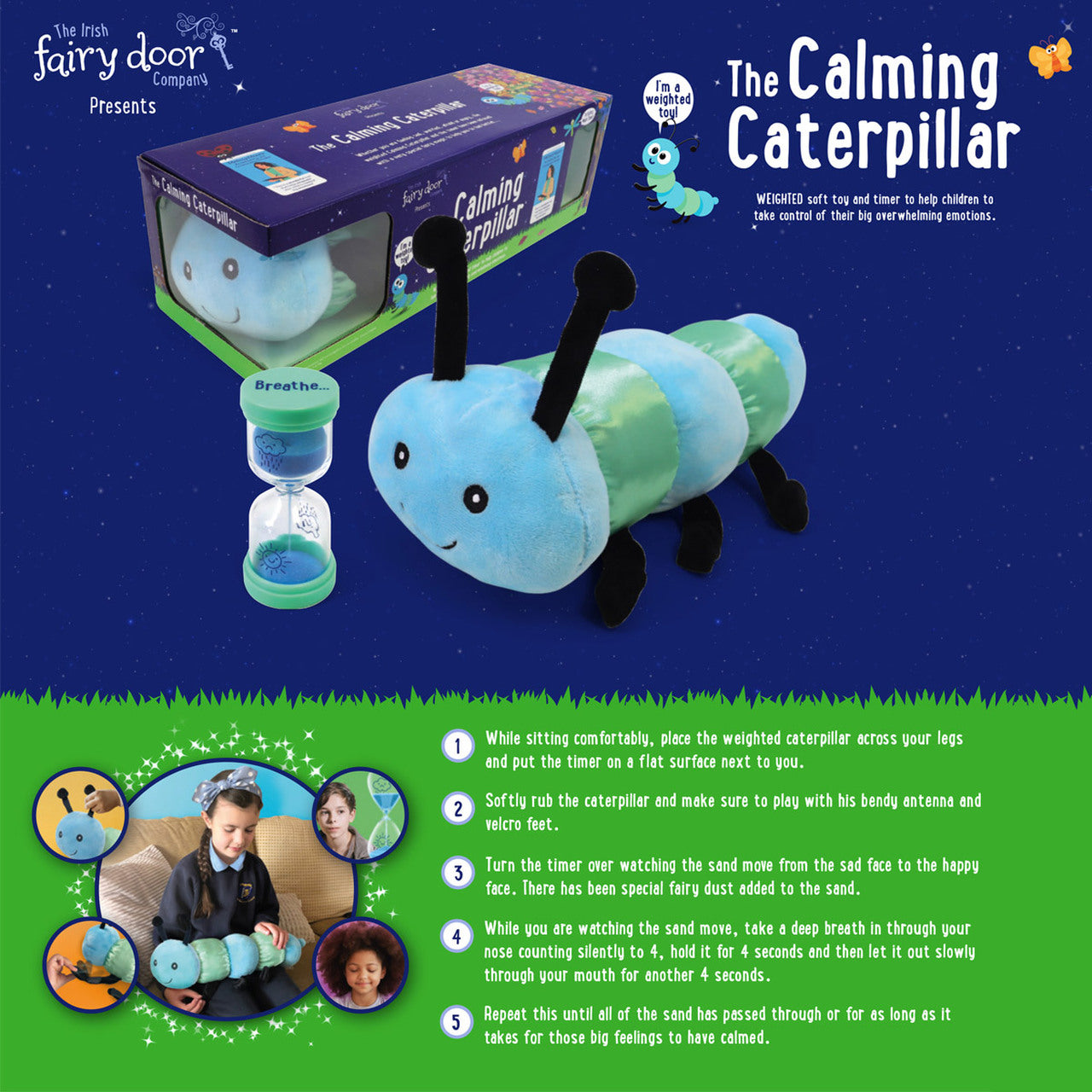 Tipperary Crystal The Irish Fairy Door - Calming Caterpillar  Weighted Soft Toy and Timer to Help Children to Take Control of Their Big Overwhelming Emotions.