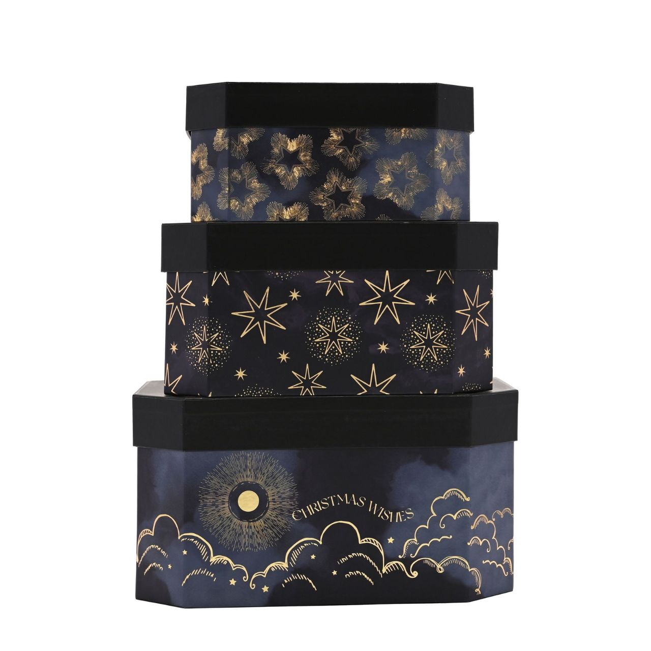 Set of 3 Christmas Celestial Stacking Boxes  A set of 3 celestial stacking boxes.  This collection of nested gift boxes gives your presents the presence they deserve.