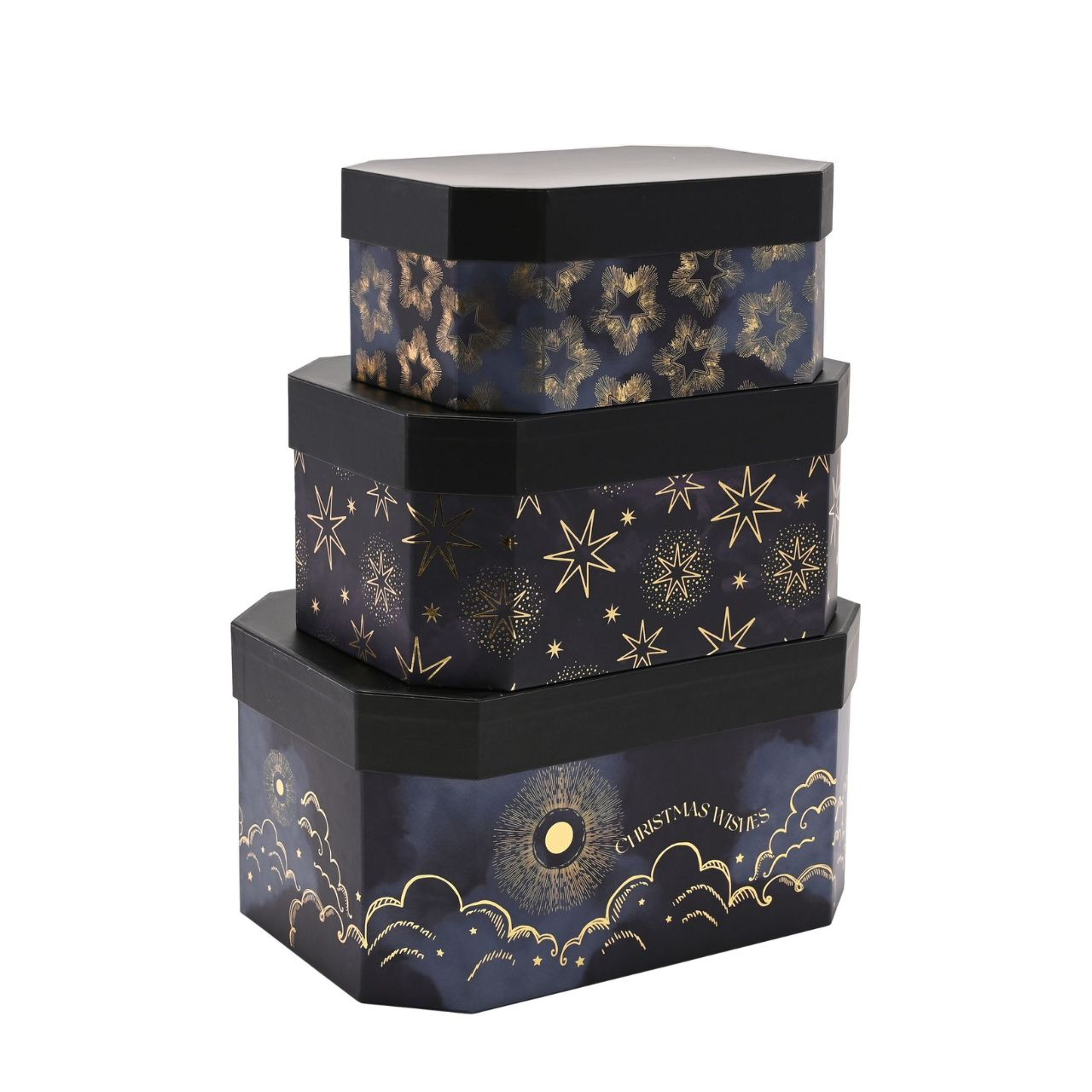 Set of 3 Christmas Celestial Stacking Boxes  A set of 3 celestial stacking boxes.  This collection of nested gift boxes gives your presents the presence they deserve.