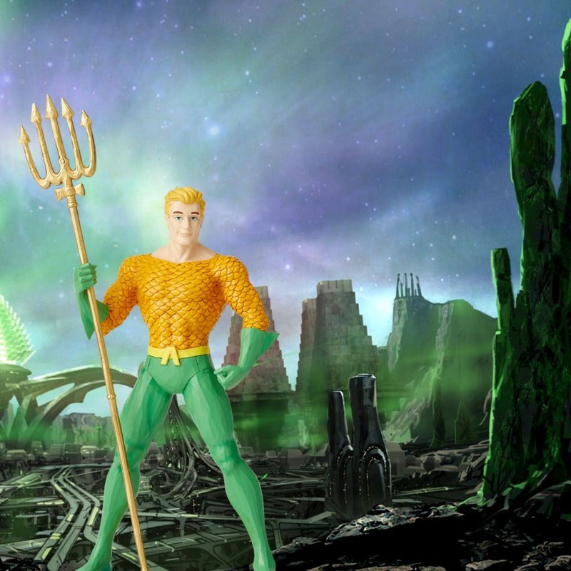 Jim Shore King of the Seven Seas - Aquaman Silver Age Figurine  DC Comics Justice League is a comprised of the worlds most iconic superheroes. Jim Shore celebrates Aquaman in an iconic pose in his signature wood carved look and folk art styling.