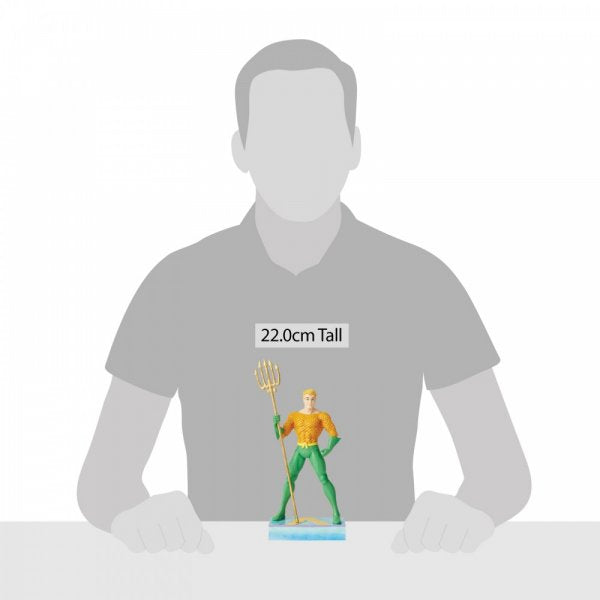 Jim Shore King of the Seven Seas - Aquaman Silver Age Figurine  DC Comics Justice League is a comprised of the worlds most iconic superheroes. Jim Shore celebrates Aquaman in an iconic pose in his signature wood carved look and folk art styling.