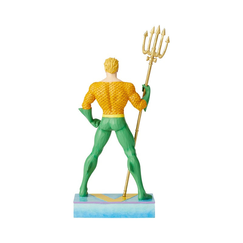 Jim Shore King of the Seven Seas - Aquaman Silver Age Figurine  DC Comics Justice League is a comprised of the worlds most iconic superheroes. Jim Shore celebrates Aquaman in an iconic pose in his signature wood carved look and folk art styling.