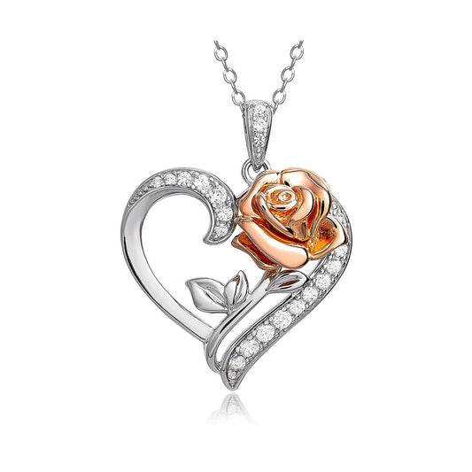 Disney Princess Silver and Rose Gold Heart with Cubic Zirconia Pendant  Disney Beauty and the Beast Princess Collection, this beautiful silver and rose gold rose heart pendant necklace adding a feminine touch to the Disney classic piece of Jewellery.  Trendy and fashionable design, the Disney Princess collection, sterling silver and rose gold heart pendant necklace add a chic, fun touch to any outfit.