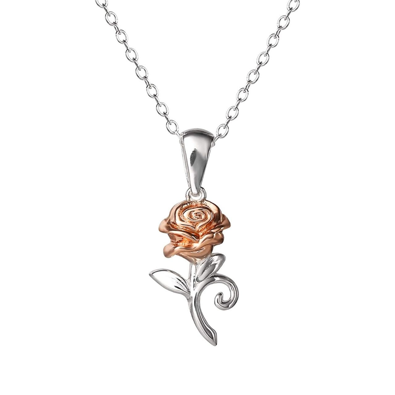 Disney Princess Silver and Rose Gold Pendant Necklace  Beautiful silver and rose gold Princess rose pendant necklace adding a feminine touch to the Disney classic piece of Jewellery.  Trendy and fashionable design, the Disney Princess collection, sterling silver and rose gold pendant necklace add a chic, fun touch to any outfit.