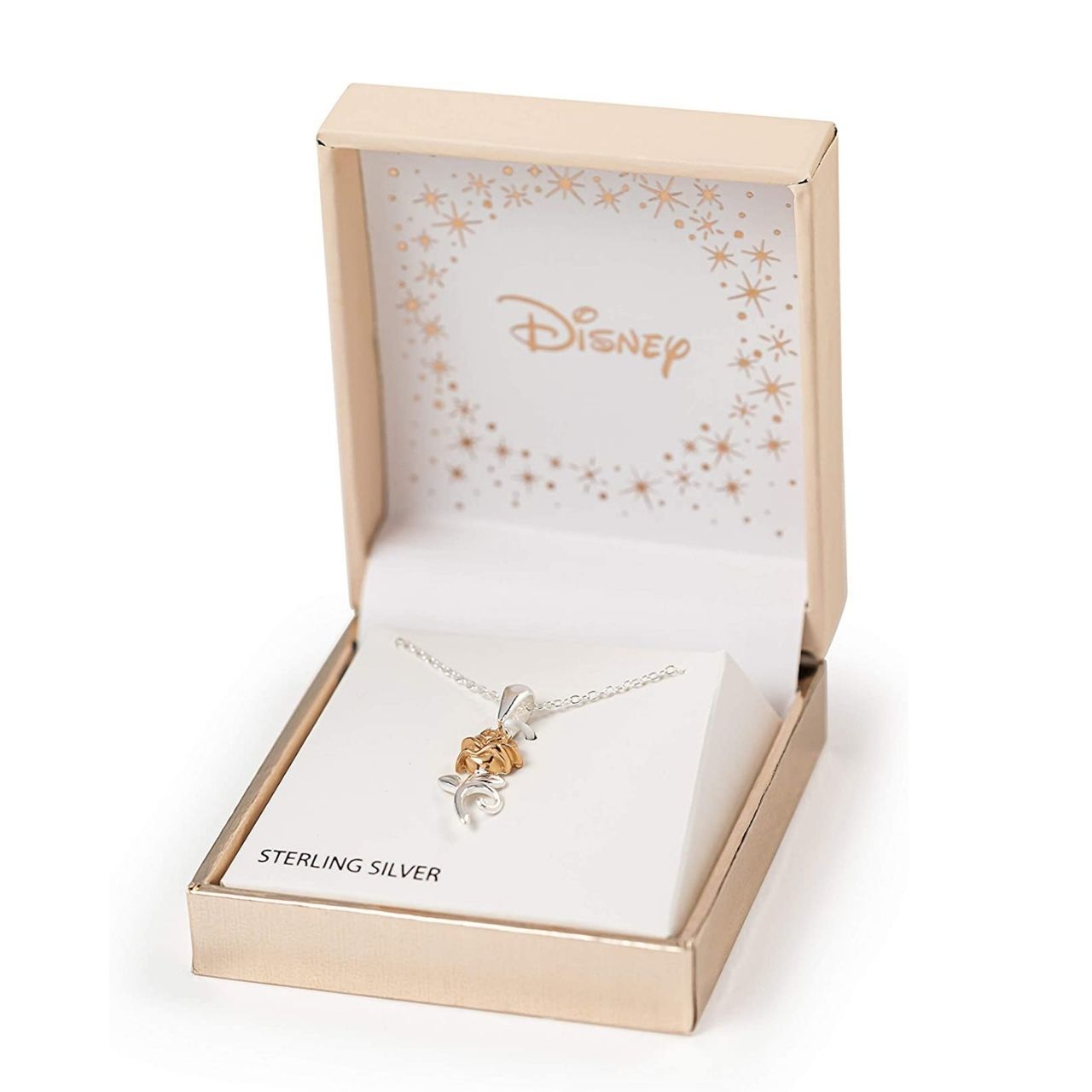 Disney Princess Silver and Rose Gold Pendant Necklace  Beautiful silver and rose gold Princess rose pendant necklace adding a feminine touch to the Disney classic piece of Jewellery.  Trendy and fashionable design, the Disney Princess collection, sterling silver and rose gold pendant necklace add a chic, fun touch to any outfit.