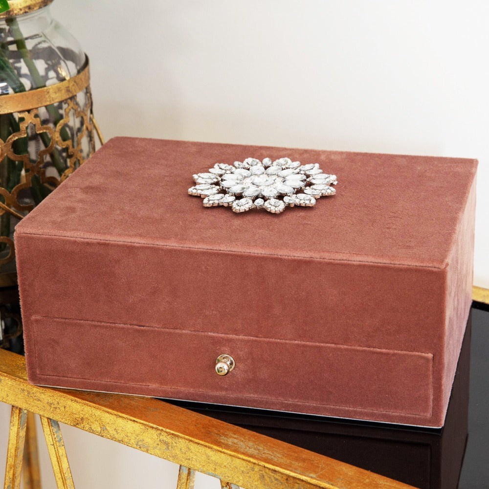 Dusky Pink Velvet Jewellery Box with Crystal Flower  Store those sparkly bits in style with this dusky pink velvet jewellery box with crystal encrusted flower on the lid