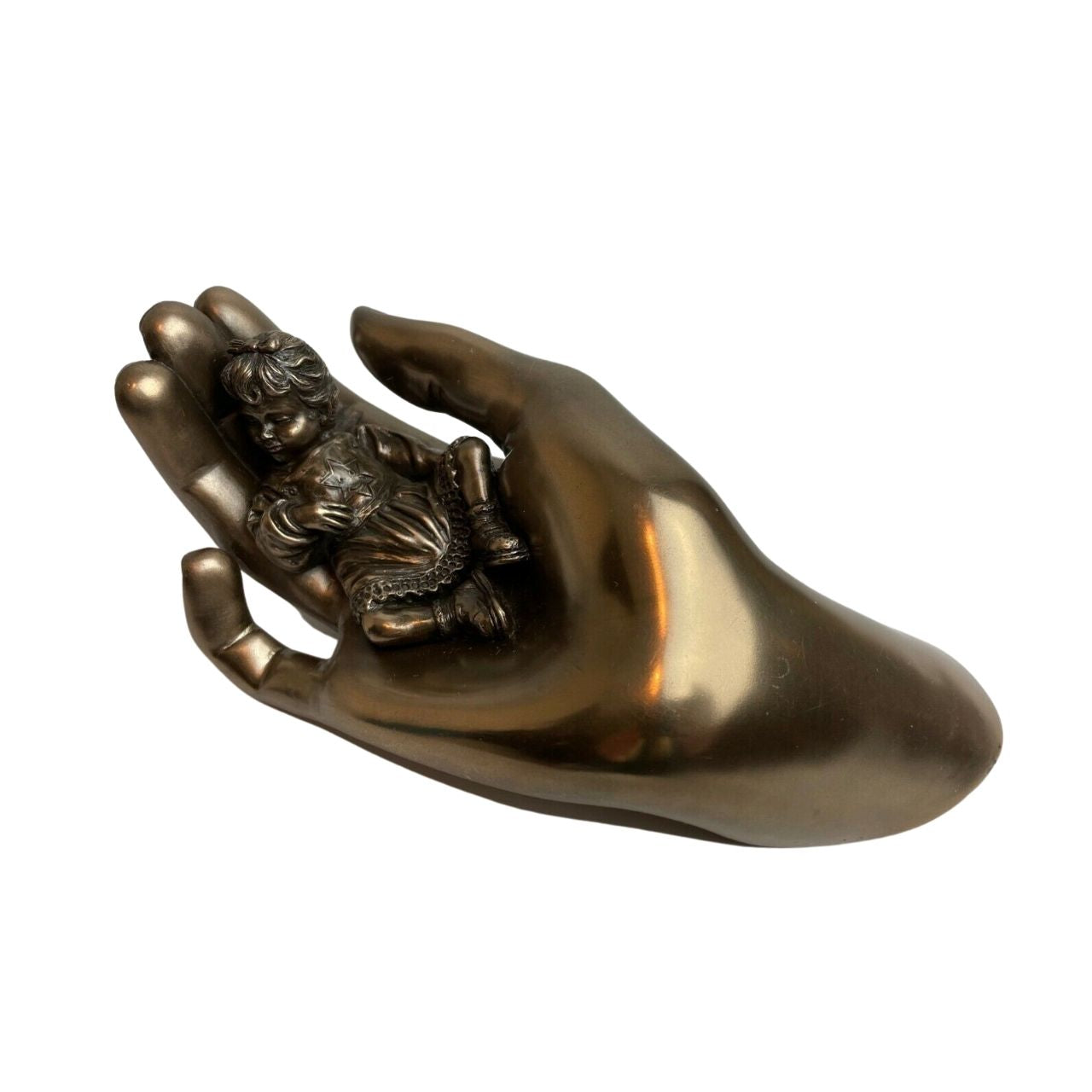 Genesis Caring Baby Girl  Beautifully crafted in cold cast bronze this wonderful baby figurine from the craftsmen of Genesis Fine Arts depicts the sleeping baby girl carefully curled up in a mothers caring hand.