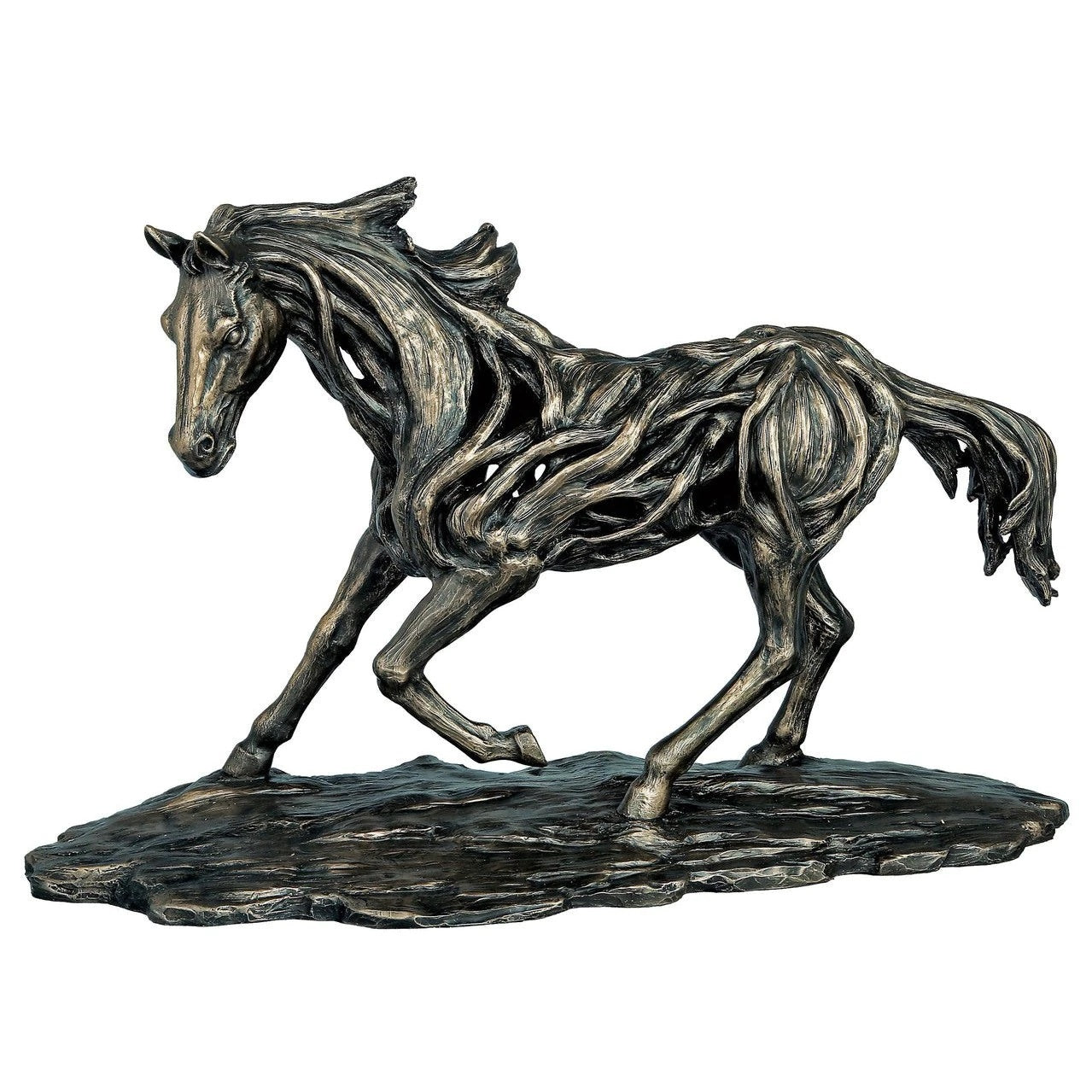 Genesis Free Spirit  Driftwood style horse in motion. One of the many pieces in our equine range.  Genesis Fine Arts has evolved into a much loved and world famous Irish brand to produce a striking range of handcrafted cold cast bronze sculptures.