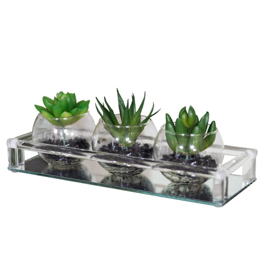 Glass Mini Terrariums With A Mirrored Tray Set of 3  A beautiful glass mini terrarium tray with artificial succulents. From the Retreat collection by HESTIA® - create a haven of soothing minimalism at home.