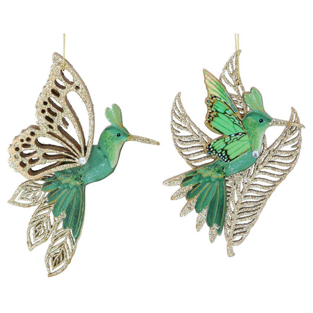 Green Gold Glitter Hummingbird Hanging Orn - Gold Wing  Browse our beautiful range of luxury Christmas tree decorations, baubles & ornaments for your tree this Christmas.