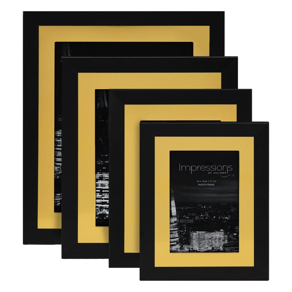 Impressions Aluminium Photo Frame Black Outer Rim  4" x 6"  A contemporary two tone matt black and brushed gold aluminium photo frame. From IMPRESSIONS® - letting your photos speak their thousand words.