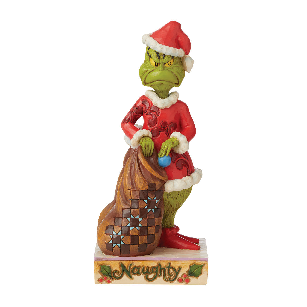 Jim Shore The Grinch Naughty and Nice Figurine   The Grinch is a classic story of a humbug turned holiday hero. Exemplifying both Naughty and Nice, this Jim Shore dual figured effigy shares both sides of the story. One side showing a frowning Grinch stealing ornaments, while the other smiles with love.