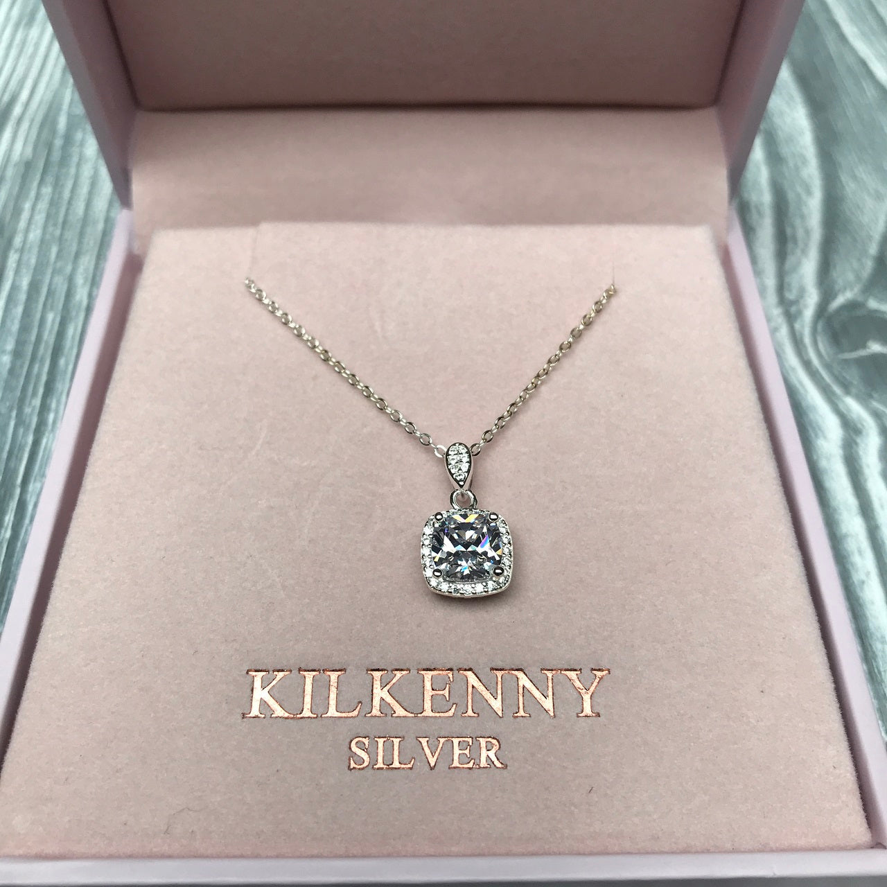 Silver Square Diamante Necklace by Kilkenny Silver  Sterling silver square design necklace with cubic zirconia stones.