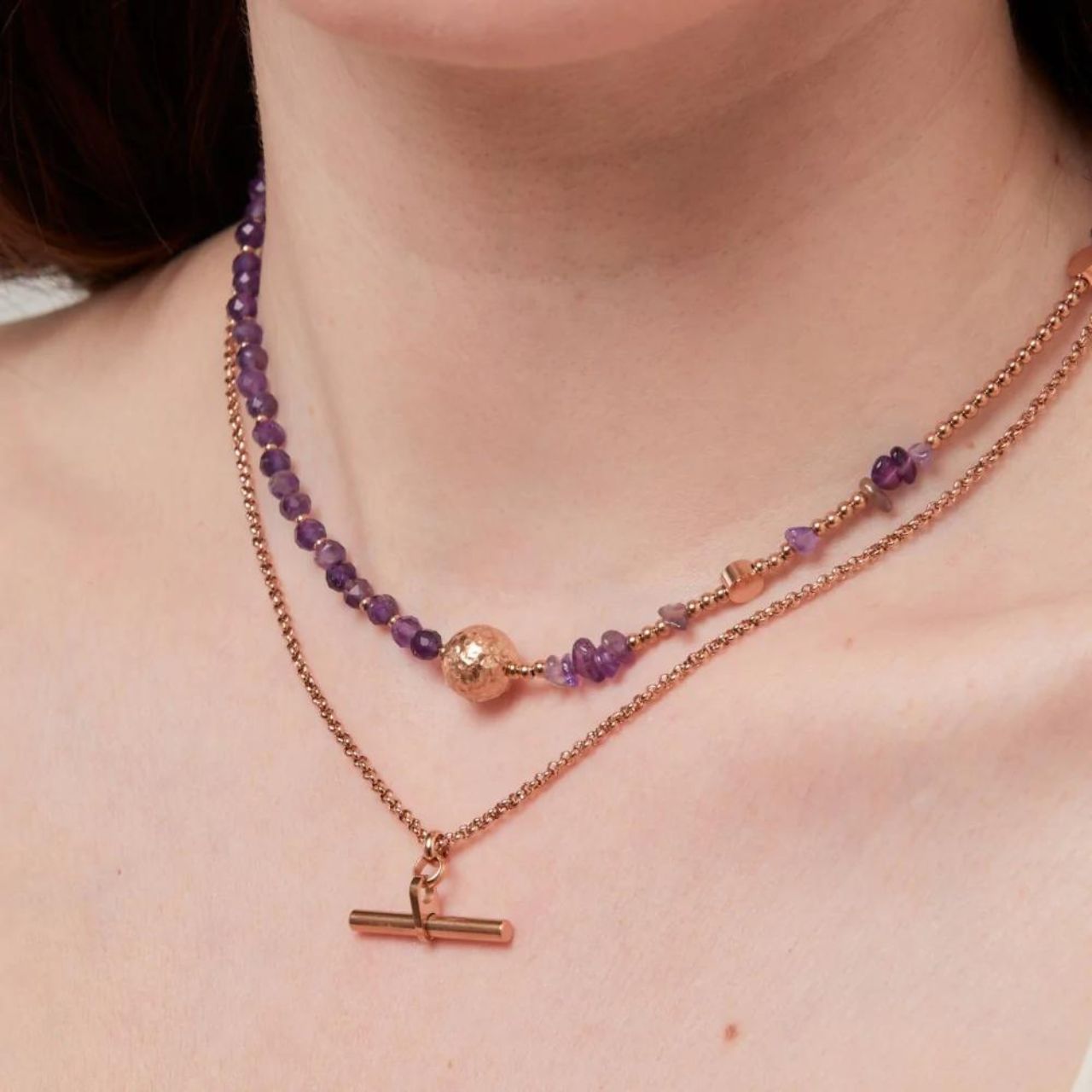 Eva Amethyst Necklace by Knight & Day  Beautiful necklace with variety of amethyst semi precious stones and rose gold beads. Lobster claw fastening. Rose gold plating.