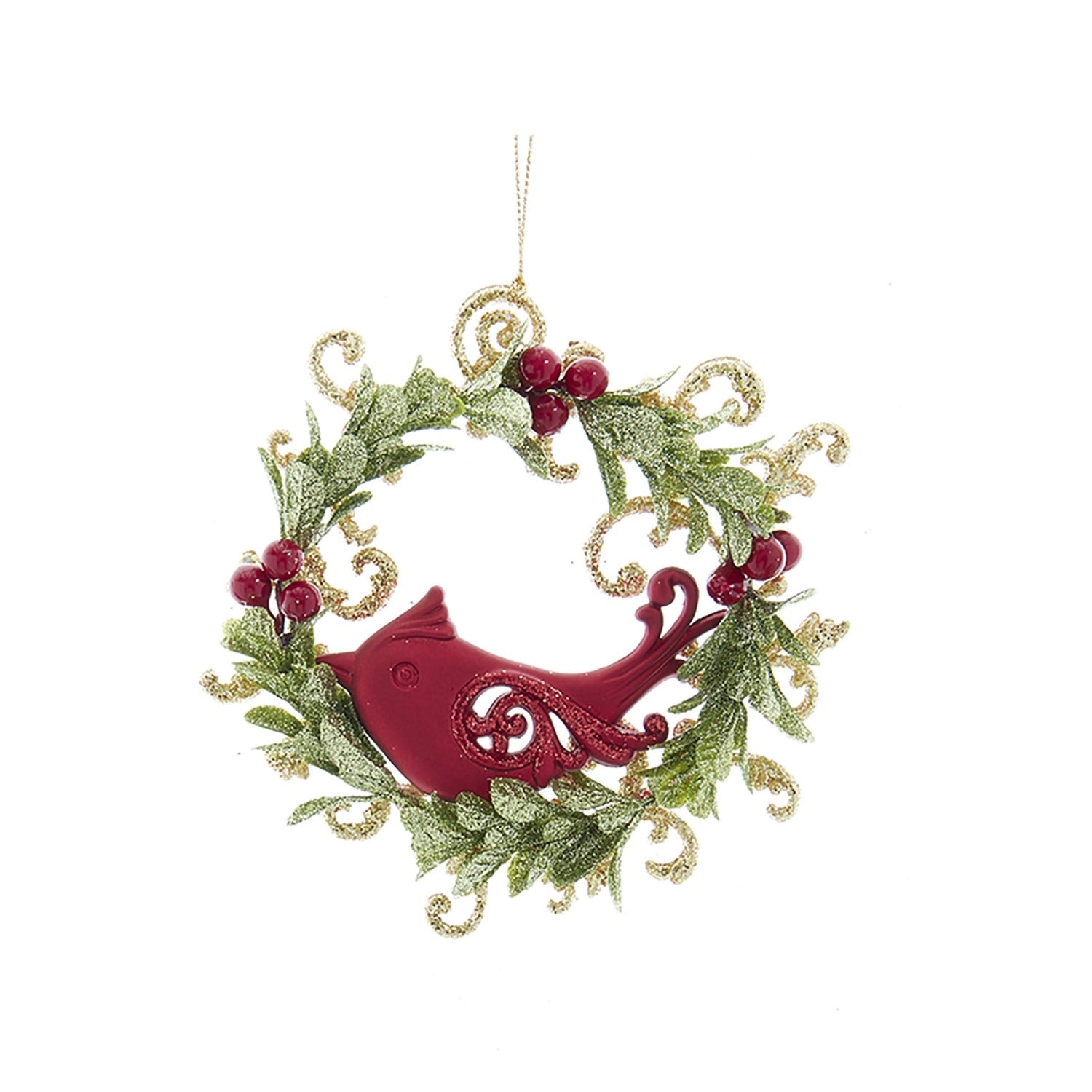 Kurt S Adler Red and Green Christmas Wreath With Bird Ornament