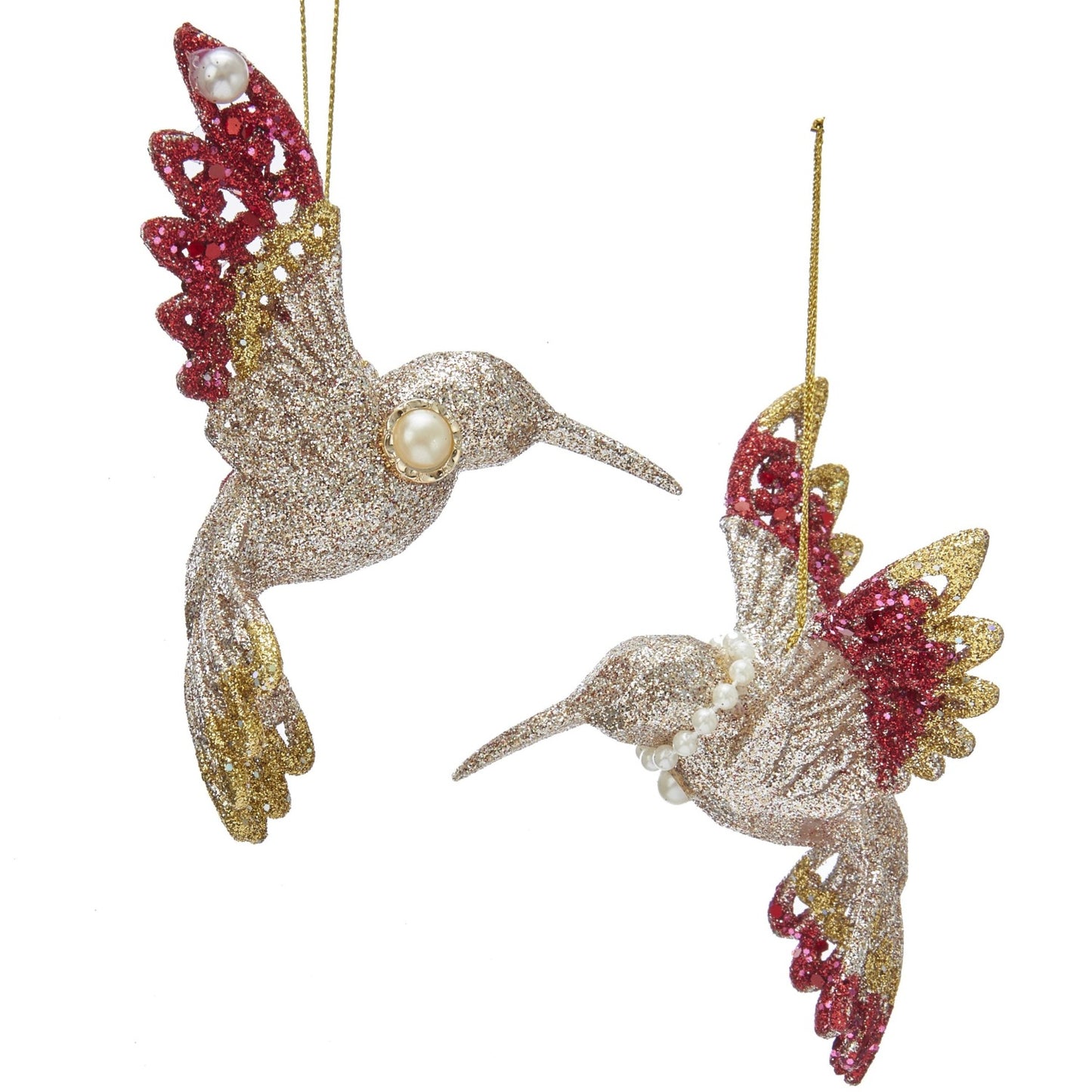 Kurt S Adler Ruby and Platinum Hummingbird Ornaments - Pearl Necklace