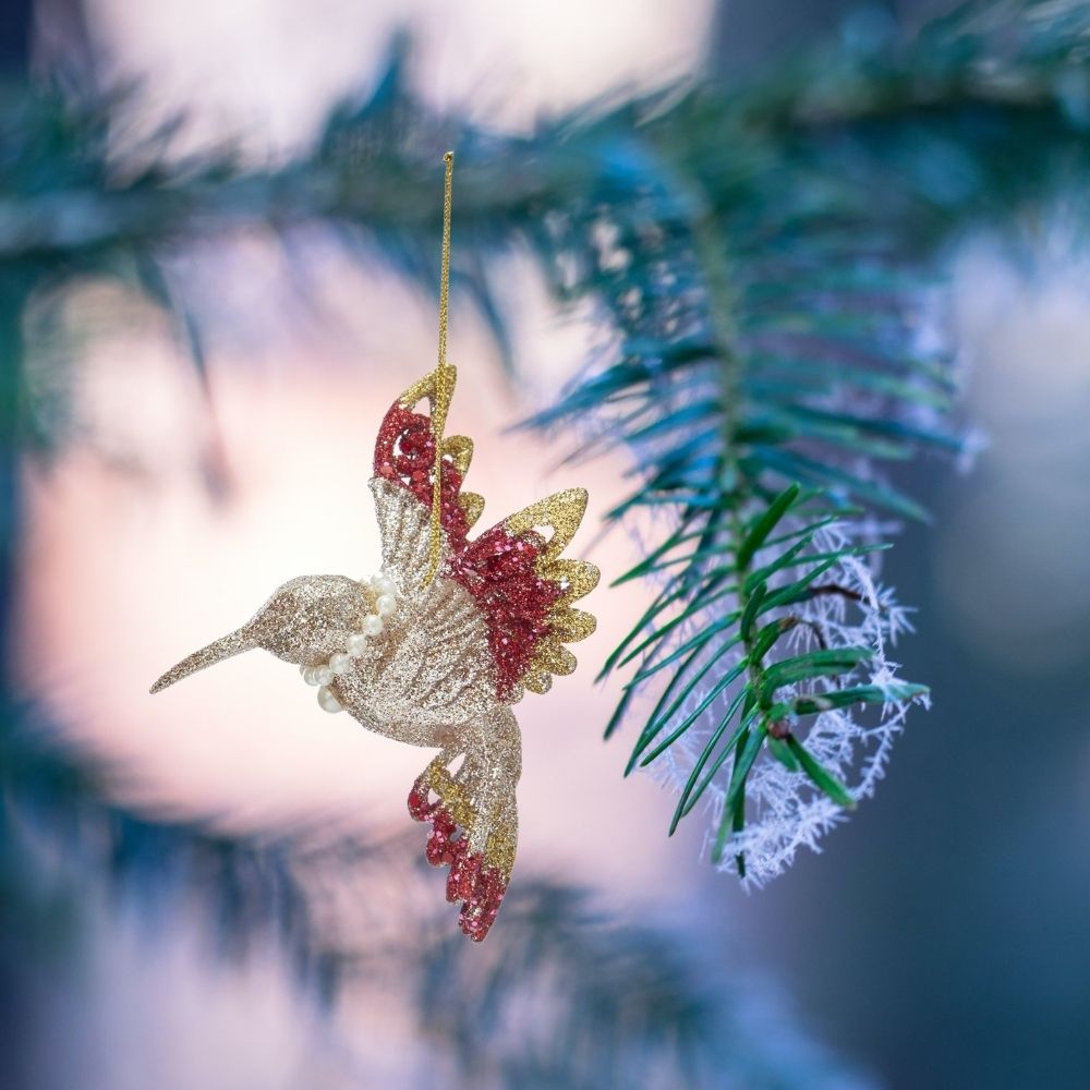 Kurt S Adler Ruby and Platinum Hummingbird Ornaments - Pearl Necklace