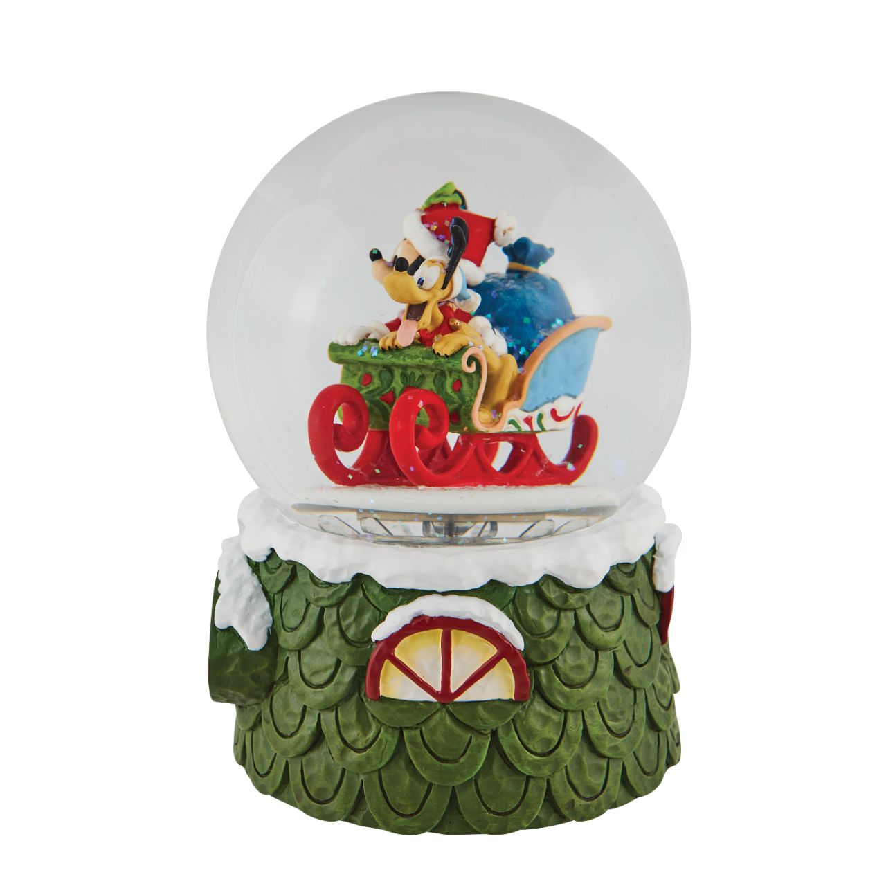 Disney Mickey and Pluto Christmas Waterball  "Laughing All the Way" Make it snow all season long with this exquisitely crafted Disney snow globe by Jim Shore. Mickey plays Santa with his trusty steed, Pluto, riding shotgun.