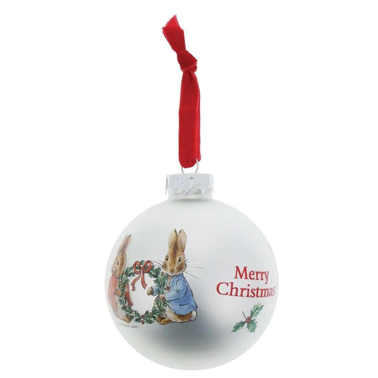 Beatrix Potter Peter Rabbit and Flopsy Holding Holly Wreath Bauble  Add a touch of Beatrix Potter to your Christmas tree, with this winter collection inspired bauble. This Peter Rabbit and Flopsy Holding Holy Wreath bauble would make a heart-warming Christmas gift. 