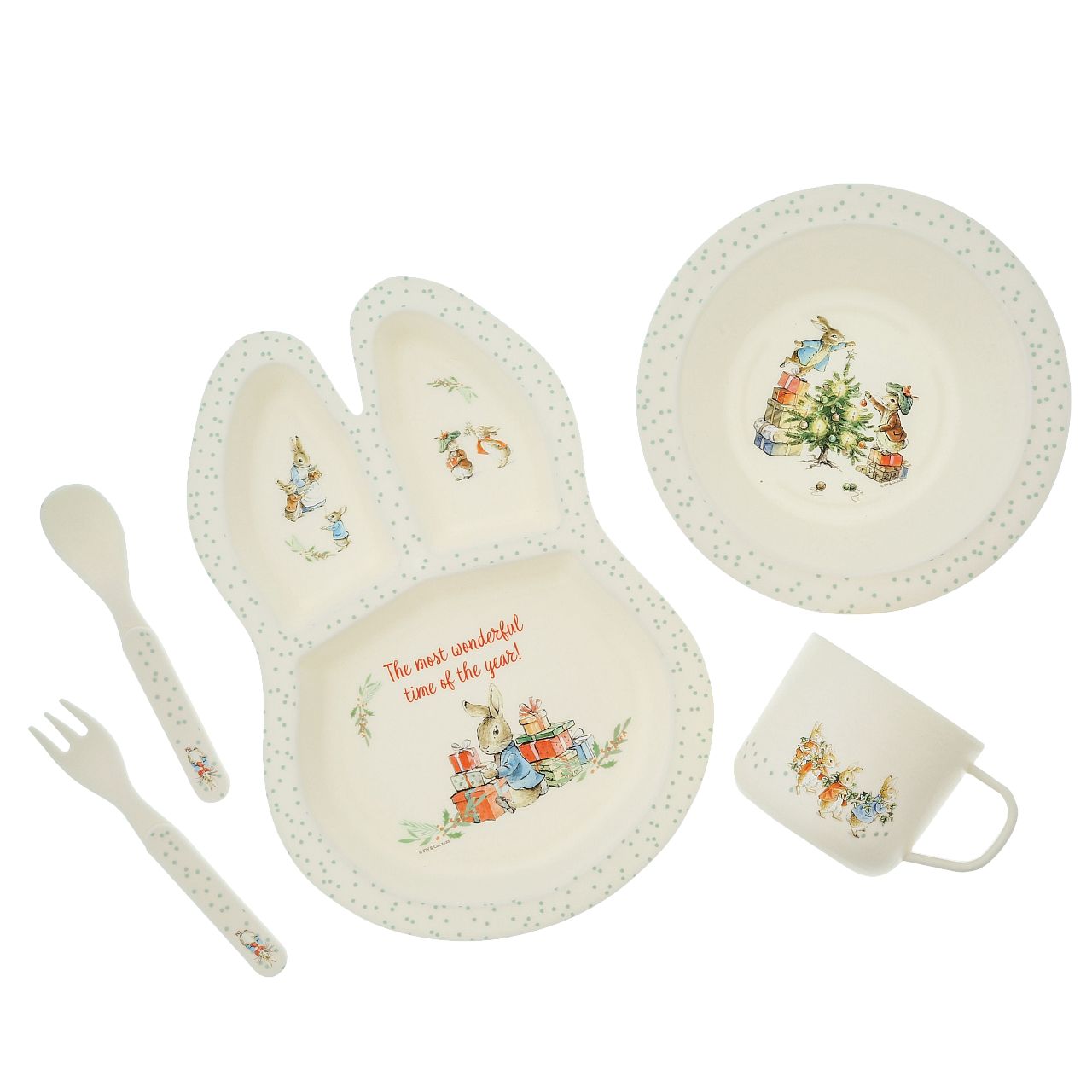 Beatrix Potter Peter Rabbit Christmas Dinner Set  Introducing this brand new at home with Peter Rabbit collection. There's nothing quite like a fun Peter Rabbit motif to entice those little tummies to clear their plates. Make mealtimes fun and practical with this Christmas dinner set.