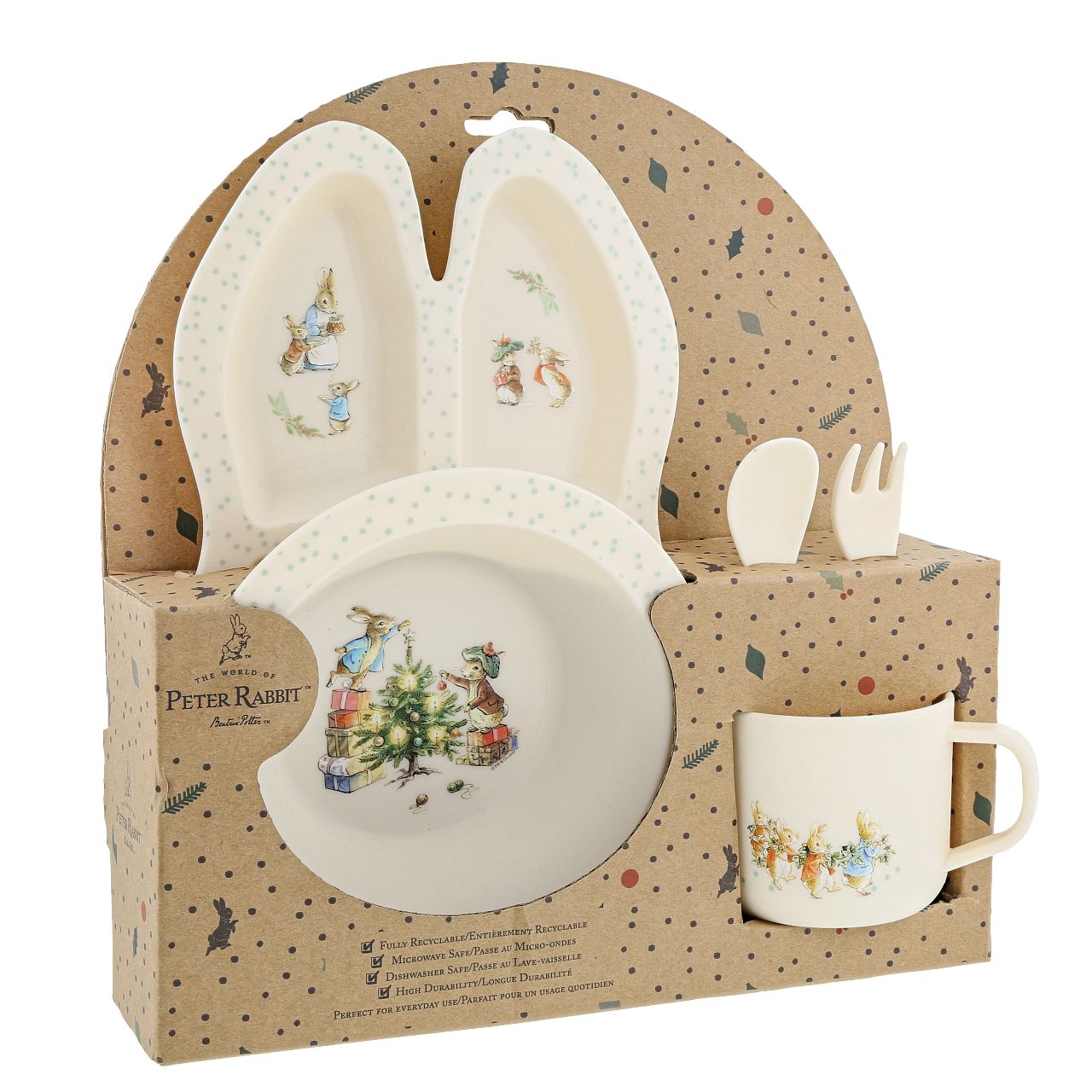 Beatrix Potter Peter Rabbit Christmas Dinner Set  Introducing this brand new at home with Peter Rabbit collection. There's nothing quite like a fun Peter Rabbit motif to entice those little tummies to clear their plates. Make mealtimes fun and practical with this Christmas dinner set.