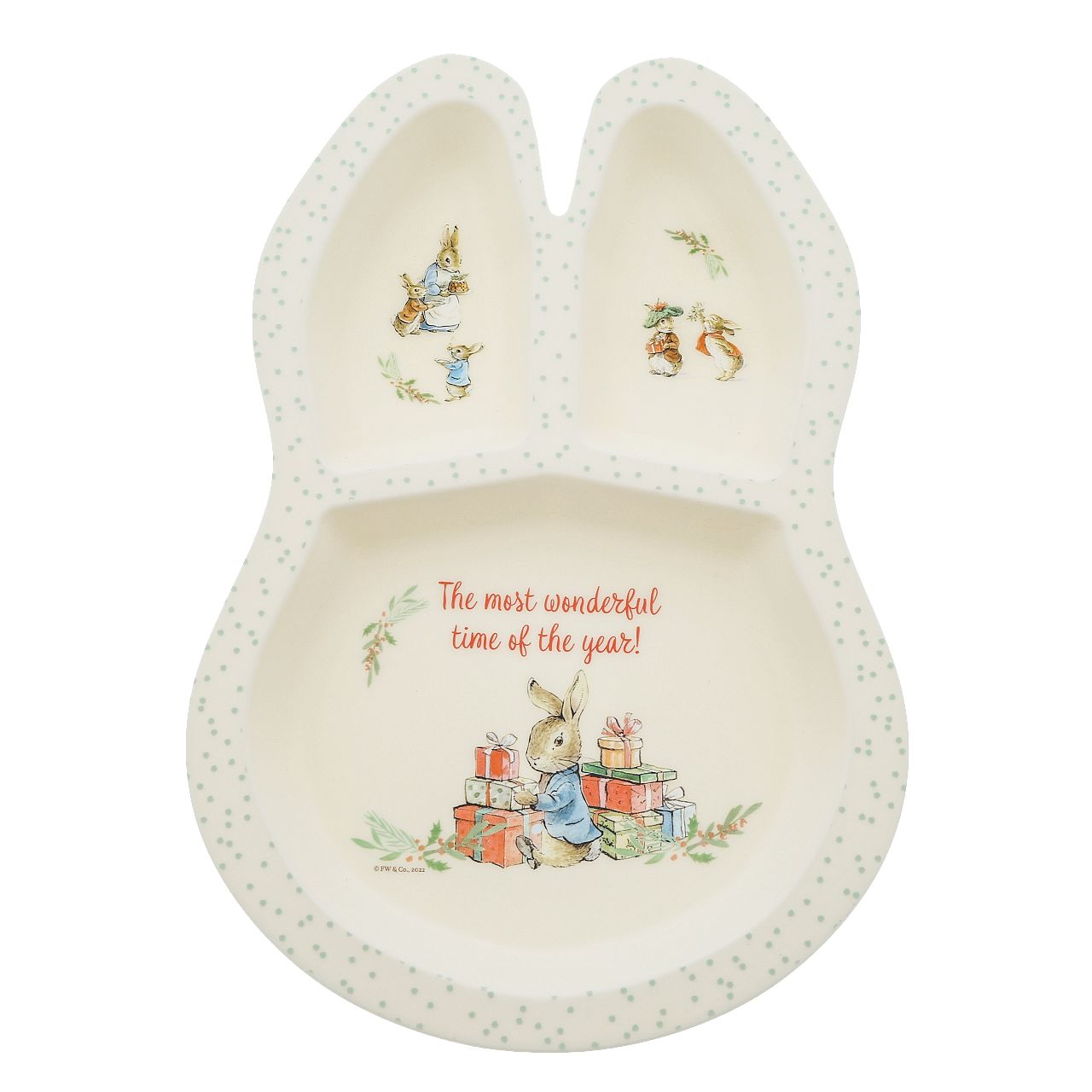 Beatrix Potter Peter Rabbit Christmas Dinner Set  Introducing this brand new at home with Peter Rabbit collection. There's nothing quite like a fun Peter Rabbit motif to entice those little tummies to clear their plates. Make mealtimes fun and practical with this Christmas dinner set.