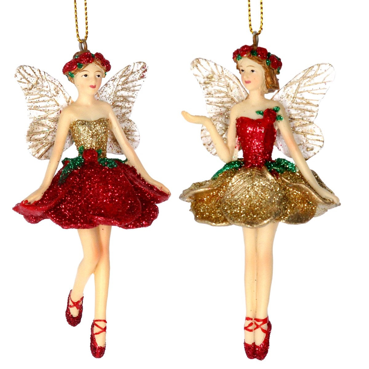 Gisela Graham Red Glitter Resin Fairy Christmas Hanging Ornament - Red  Browse our beautiful range of luxury Christmas tree decorations, fairy & ornaments for your tree this Christmas.  Add style to your Christmas tree with these elegant Christmas resin  Fairy decorated with red and gold glitter with rose. 