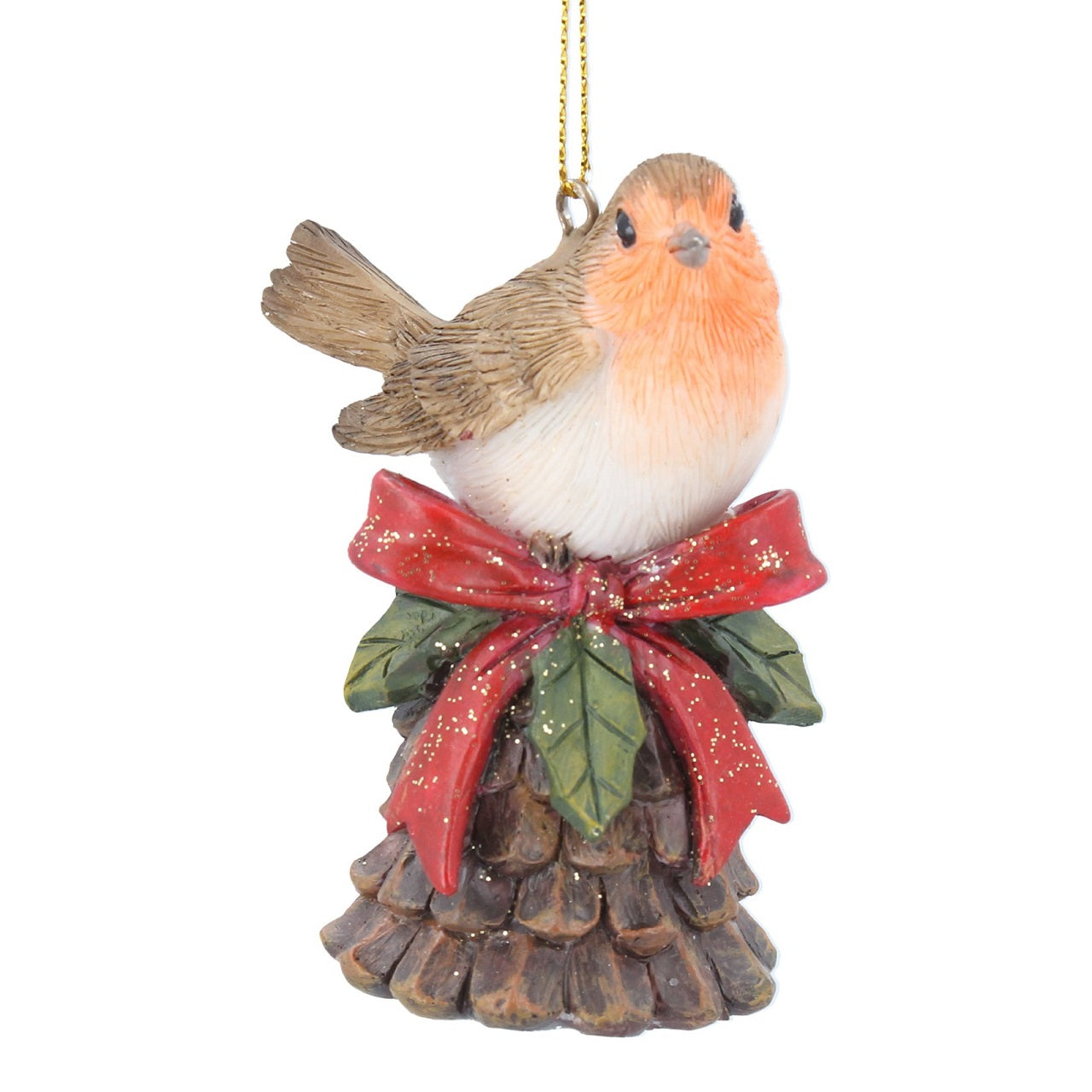 Gisela Graham Robin Perched on Cone Christmas Bell with Red Bow Decoration  Enhance your holiday décor with this festive Robin Cone Christmas Hanging Ornament. Crafted with Gisela Graham's renowned attention to detail, this ornamental piece features a red bow-decorated Robin perched atop a Christmas bell cone, making it an elegant addition to any holiday tree.