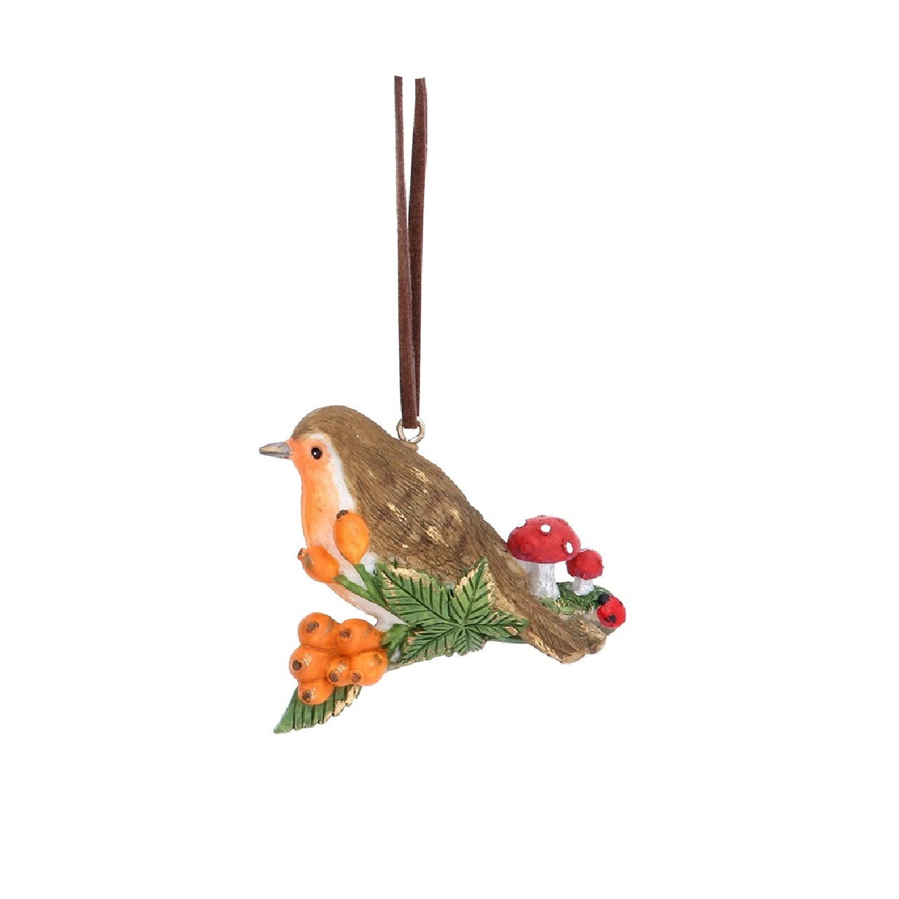 Gisela Graham Robin Perched on Twig Christmas Hanging Ornament - Orange Berry  Browse our beautiful range of luxury Christmas tree decorations, fairy & ornaments for your tree this Christmas.  Add style to your Christmas tree with these elegant Christmas resin Robin perched on a twig decorated with toadstool and orange berries.