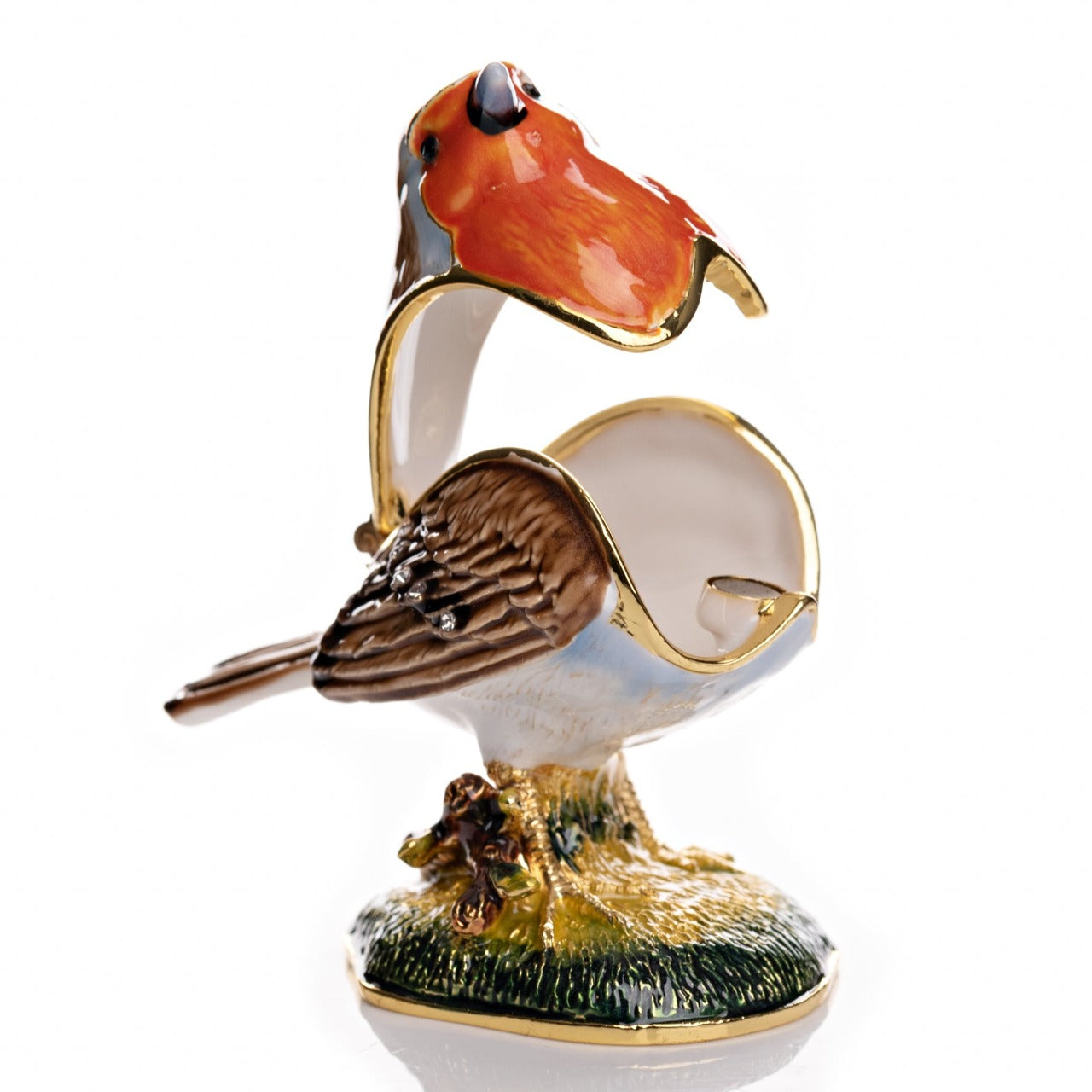 Treasured Trinkets - Robin  A beautiful, hand painted and crystal finished robin trinket box from the Christmas Treasured Trinkets series by A Royal Affair: bringing merriment and majesty to your festive season.  A wonderful ornament to complement a mantelpiece, bookcase or cabinet.