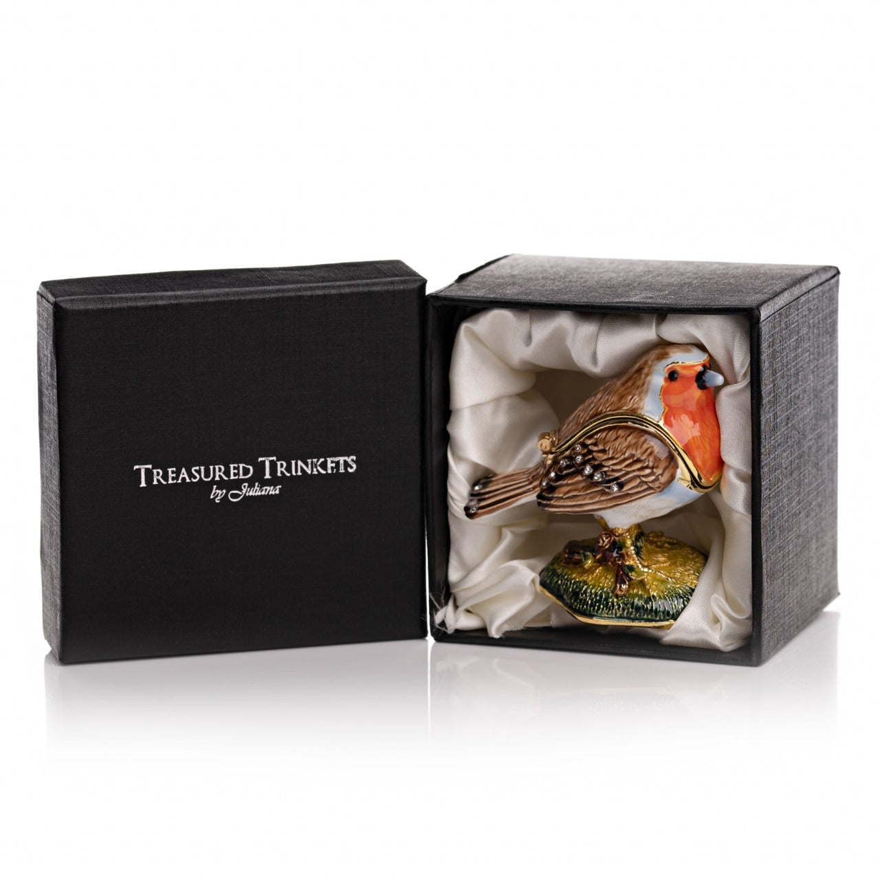 Treasured Trinkets - Robin  A beautiful, hand painted and crystal finished robin trinket box from the Christmas Treasured Trinkets series by A Royal Affair: bringing merriment and majesty to your festive season.  A wonderful ornament to complement a mantelpiece, bookcase or cabinet.