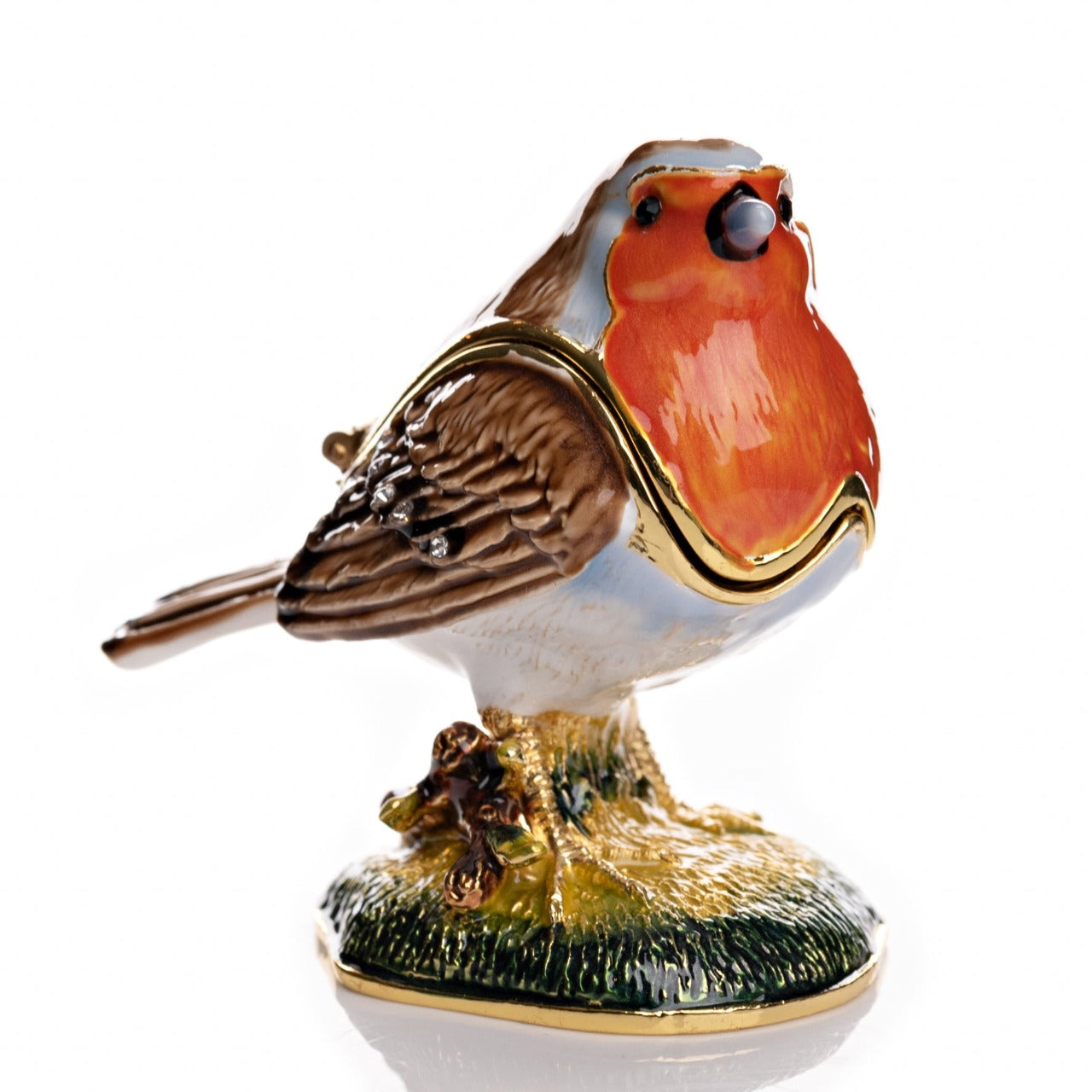 Treasured Trinkets - Robin  A beautiful, hand painted and crystal finished robin trinket box from the Christmas Treasured Trinkets series by A Royal Affair: bringing merriment and majesty to your festive season.  A wonderful ornament to complement a mantelpiece, bookcase or cabinet.